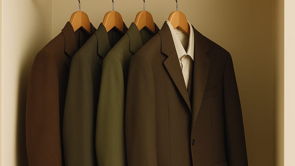 Tailored blazers on a rail showing structured shoulders and lapels